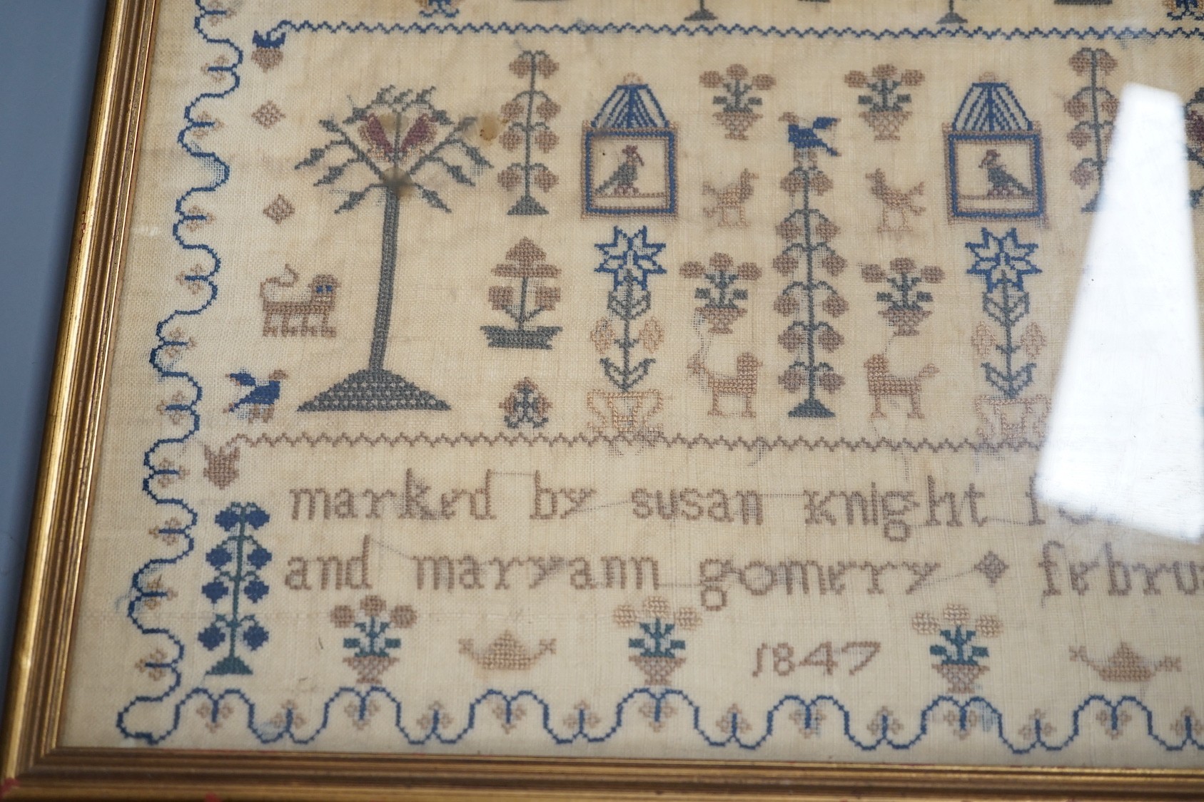 A framed Victorian sampler, worked by Susan Knight 1847, 41 x 31cm